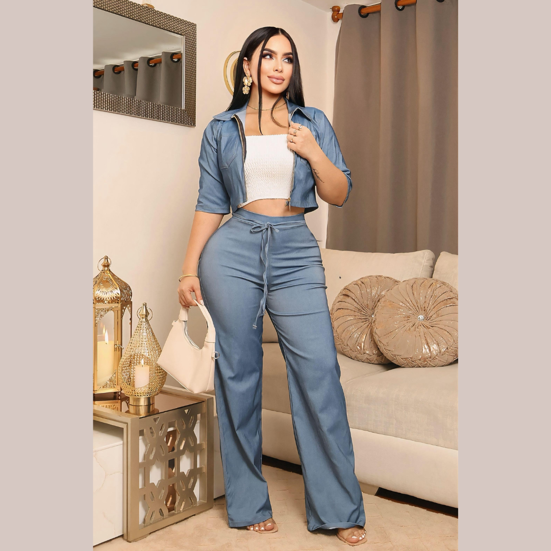 Conjunto dos piezas con chaqueta corta y pantalón amplio