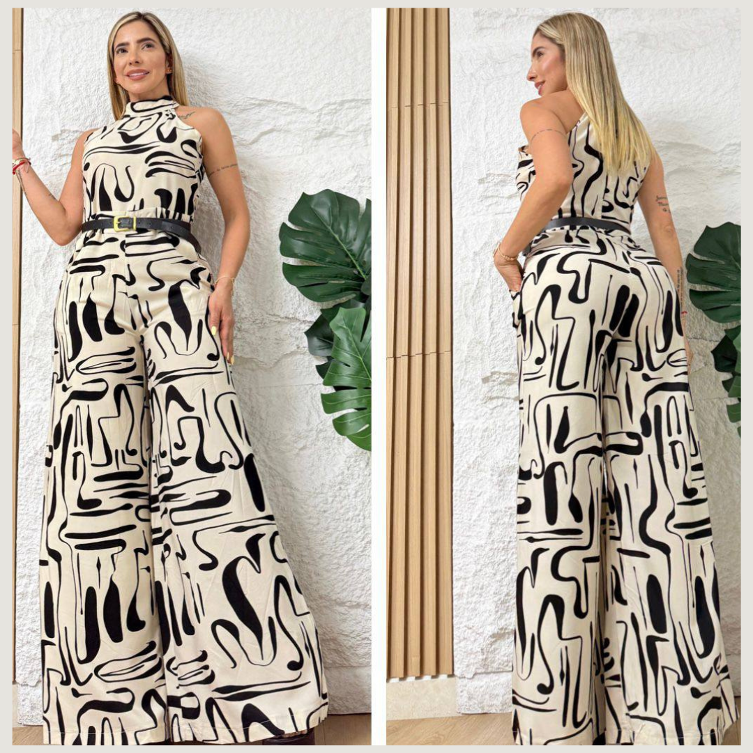 Enterizo largo estampado con cuello alto y pantalón amplio