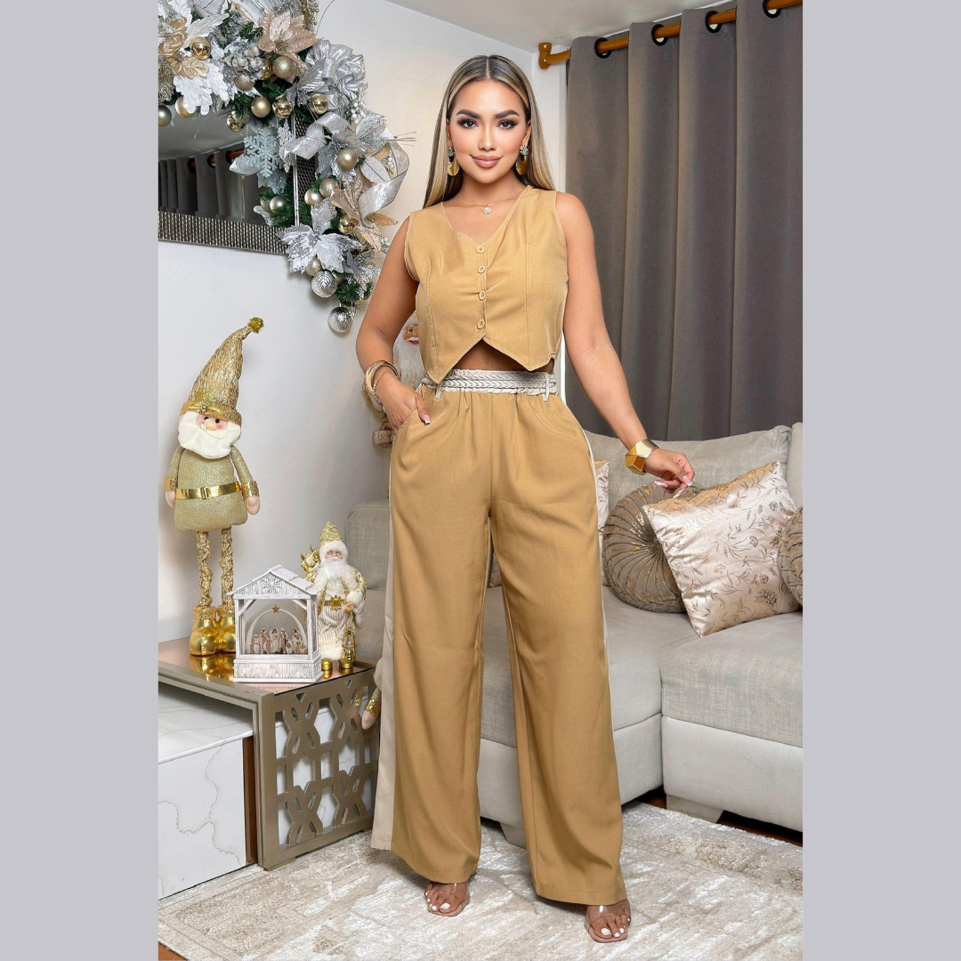 Conjunto Palazzo con Chaleco Crop y Cintura Trenzada