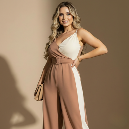 Enterizo bicolor con escote cruzado, tirantes delgados y pantalón ancho