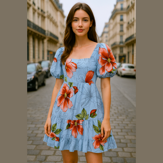 Vestido corto flores mangas