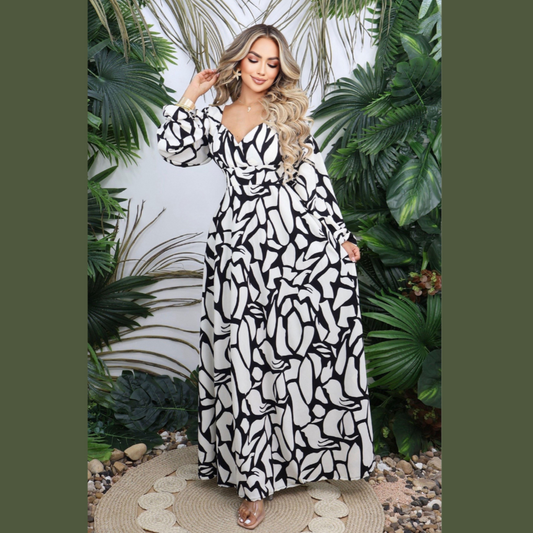 Vestido Largo Estampado con Escote Cruzado y Mangas Abullonadas