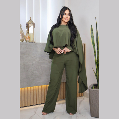 Conjunto elegante con blusa asimétrica y pantalón ancho