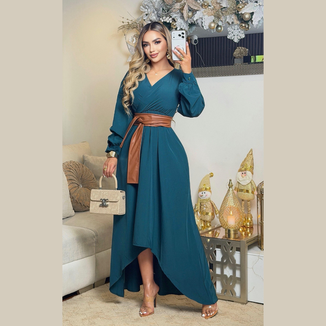 Vestido elegante de manga larga con corte cruzado