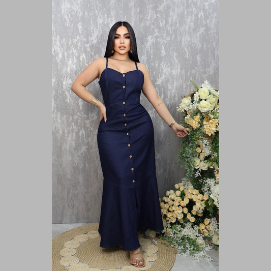 Vestido largo en chambray para mujer con botones frontales