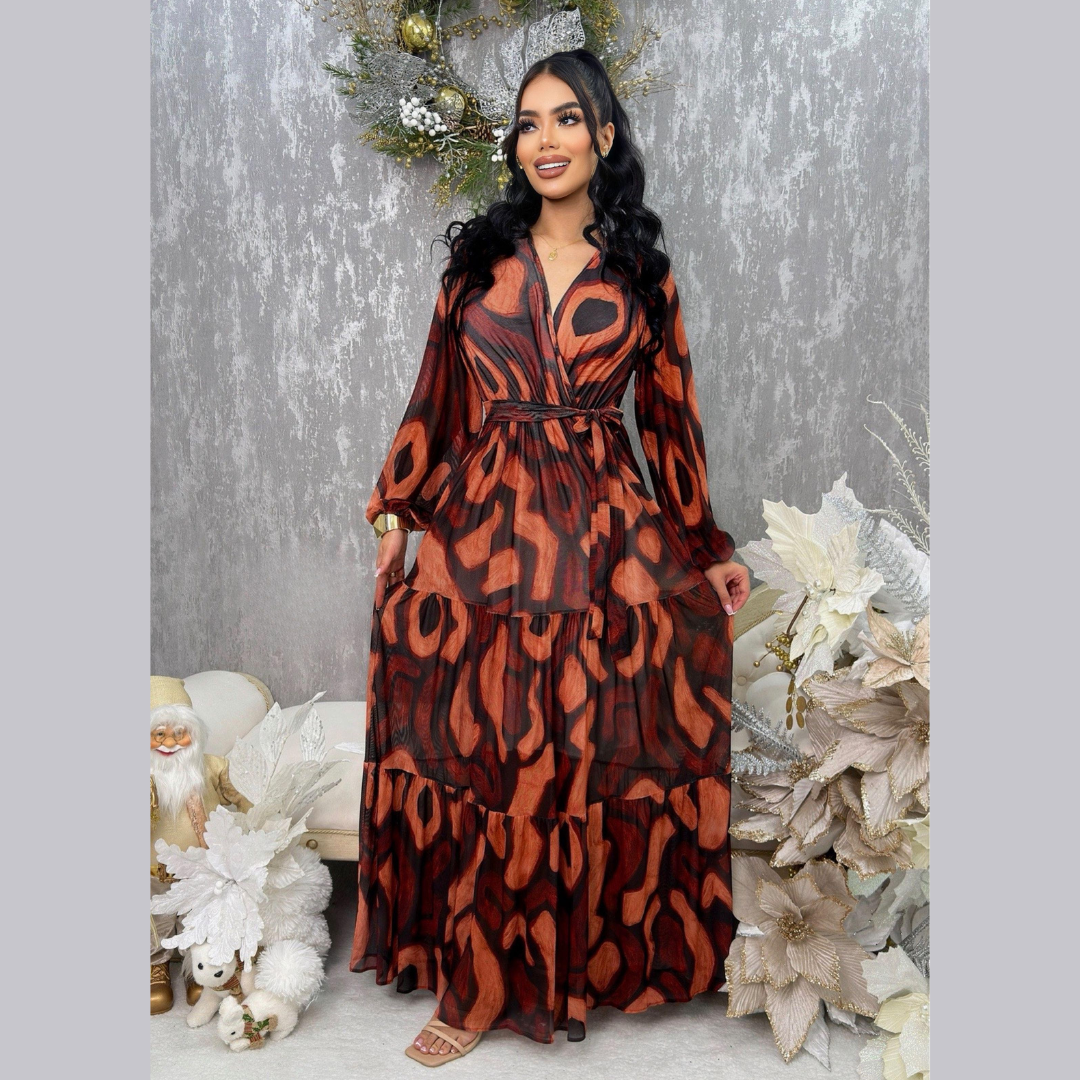 Vestido largo estampado con manga larga y cinturón ajustable
