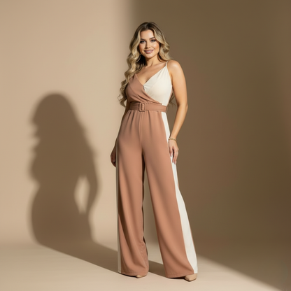 Enterizo bicolor con escote cruzado, tirantes delgados y pantalón ancho