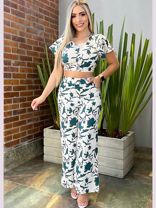 conjunto floral top manga corta pantalon palazo