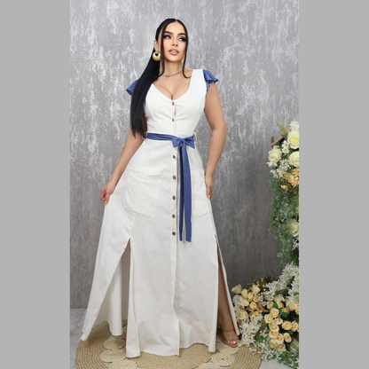 Vestido largo con botones, bolsillos y cinturón en contraste