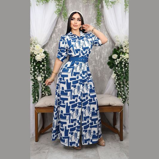 Vestido camisero largo con estampado geométrico y cinturón