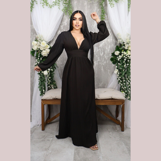 Vestido largo con escote cruzado y mangas abullonadas para mujer