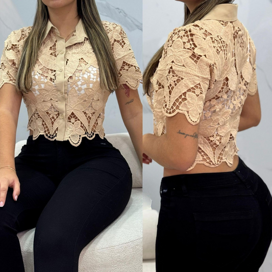Blusa de Encaje Crop Top Manga Corta para Mujer - Elegancia Casual