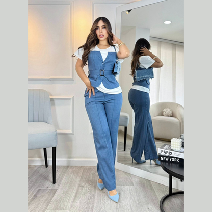 Conjunto formal con chaleco y pantalón amplio
