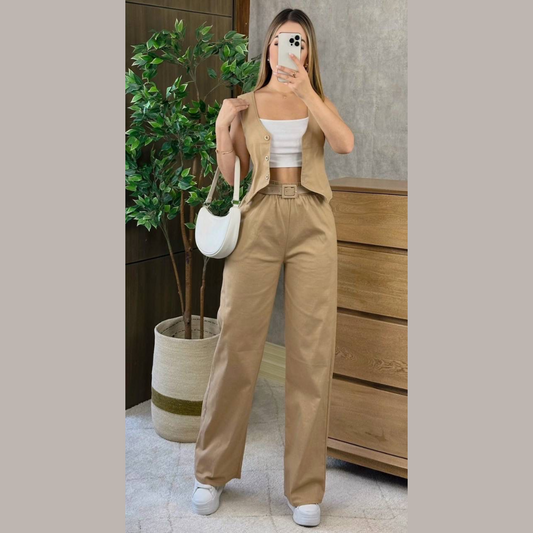 Conjunto Casual de 2 Piezas: Blusa con Botones y Pantalón de Tiro Alto