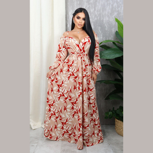 Vestido Largo Floral con Escote en V y Hombros Descubiertos