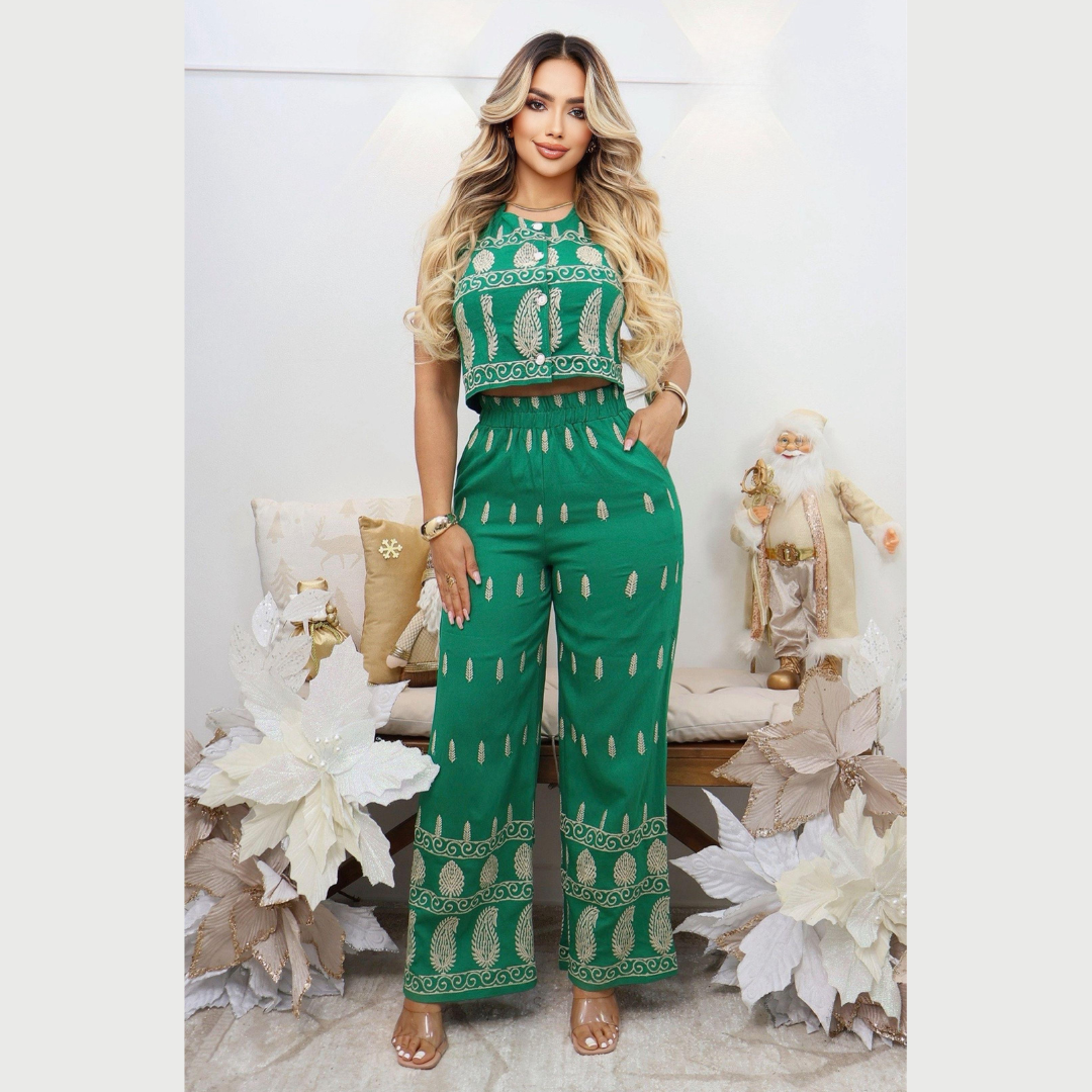 Conjunto de Pantalón Palazzo y Top Corto con Bordado Étnico
