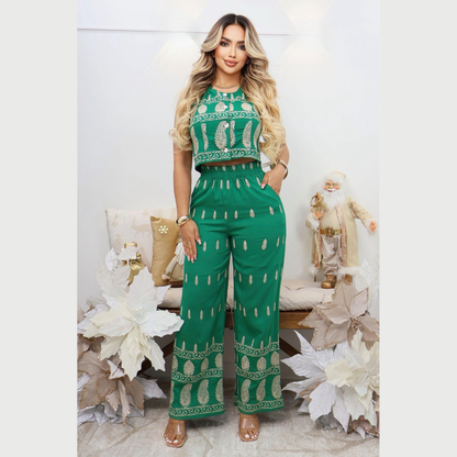Conjunto de Pantalón Palazzo y Top Corto con Bordado Étnico