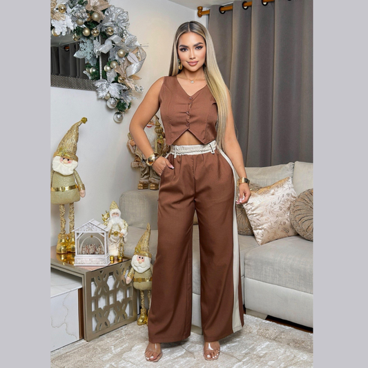 Conjunto Palazzo con Chaleco Crop y Cintura Trenzada