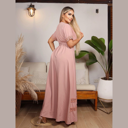 Vestido Largo para Mujer con Escote en V y Detalles en Encaje