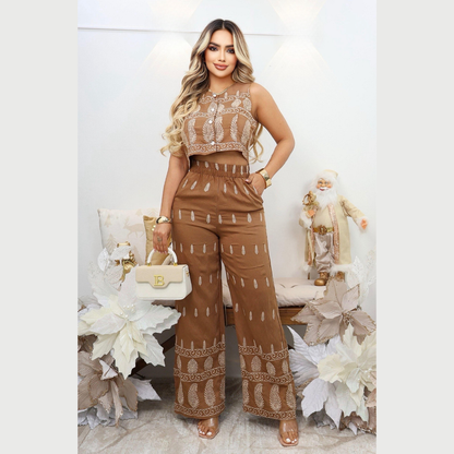 Conjunto de Pantalón Palazzo y Top Corto con Bordado Étnico