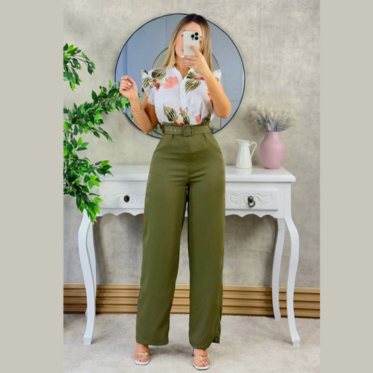Conjunto de Camisa estampada y pantalón de talle alto con cinturón para mujer