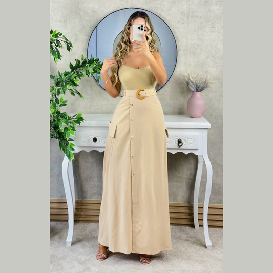 Conjunto de top con tirantes y falda larga con abertura mas cinturón para mujer