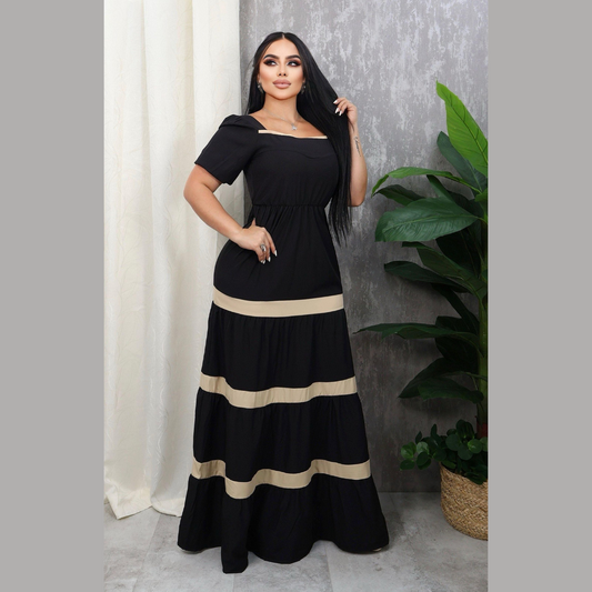 Vestido largo con mangas cortas y detalles en contraste para mujer