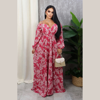 Vestido Largo Floral con Escote en V y Hombros Descubiertos