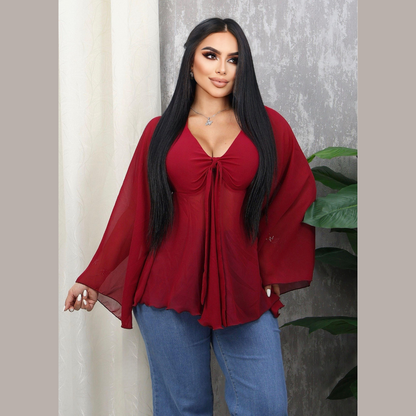 Blusa de Mujer con Lazo Frontal y Mangas Acampanadas