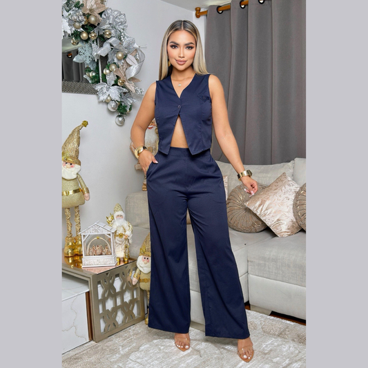 Conjunto Femenino Elegante con Chaleco y Pantalón Amplio