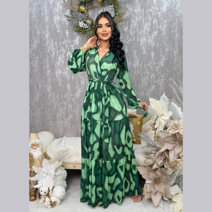 Vestido largo estampado con manga larga y cinturón ajustable