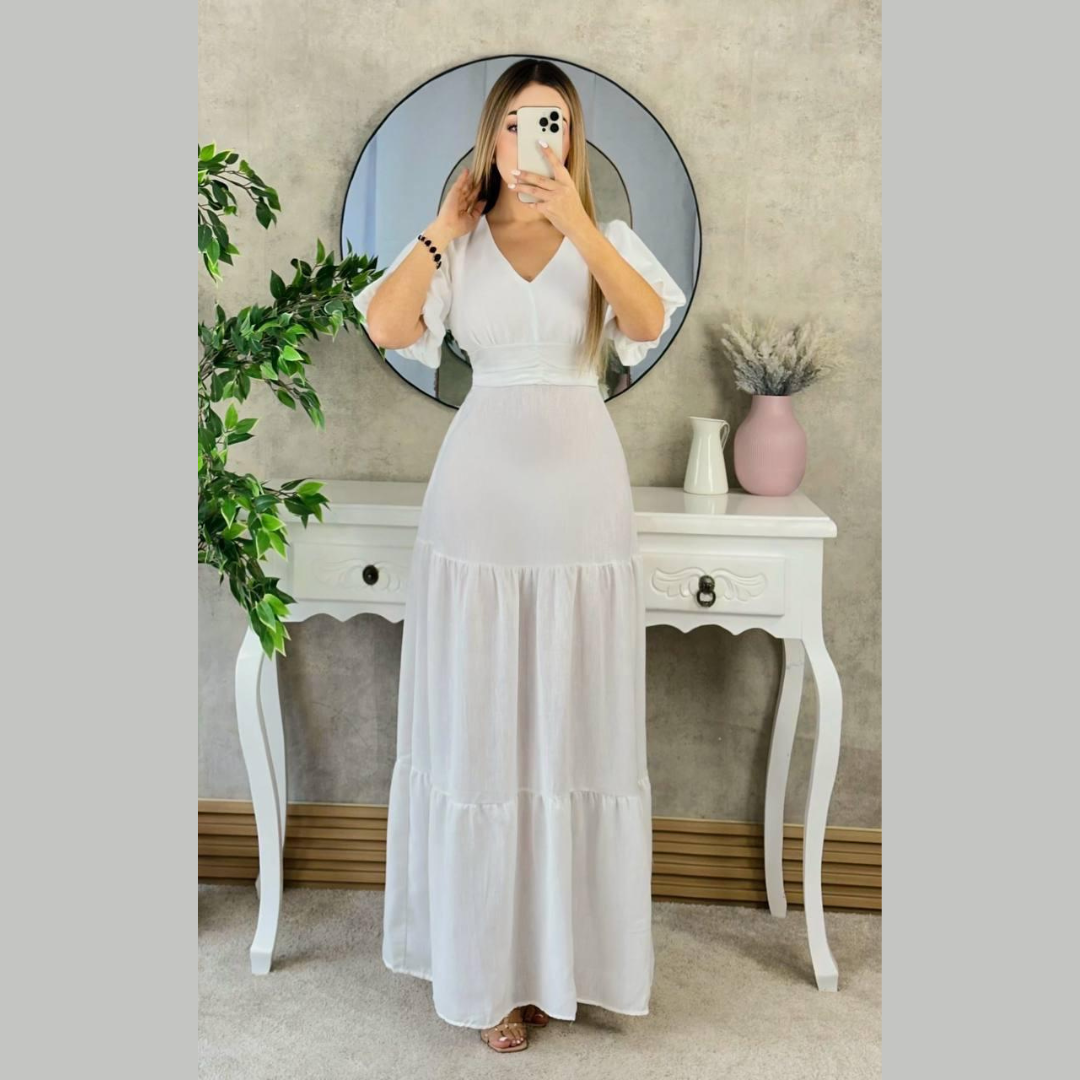 Vestido largo burdeos con mangas globo y escote en V