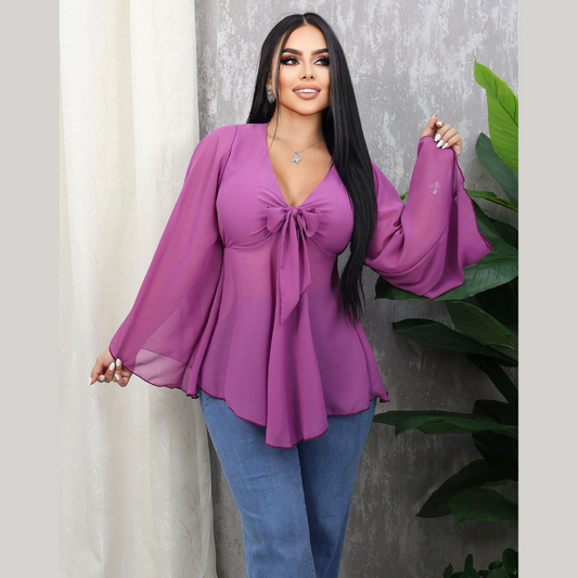 Blusa de Mujer con Lazo Frontal y Mangas Acampanadas