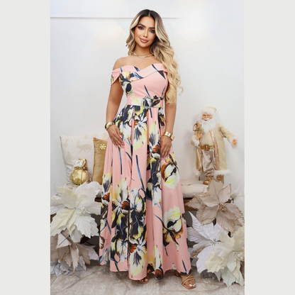 Vestido Largo Estampado con Escote Bardot y Cintura Ajustada