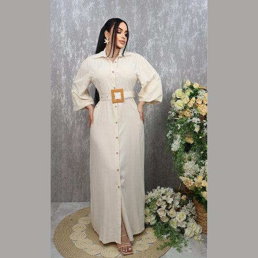 Vestido largo camisero con cinturón y mangas largas para mujer