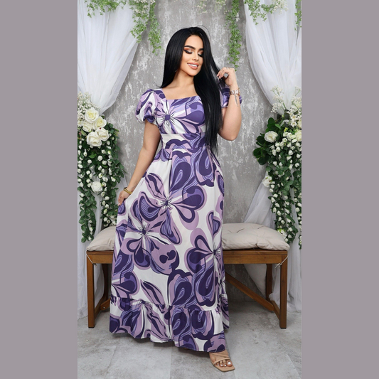 Vestido largo estampado floral con escote cuadrado y manga bombacha