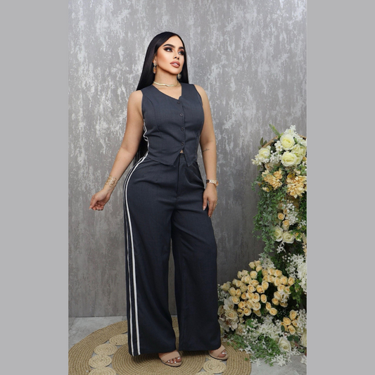 Conjunto Dama Elegante con Chaleco y Pantalón Palazzo a Rayas Laterales
