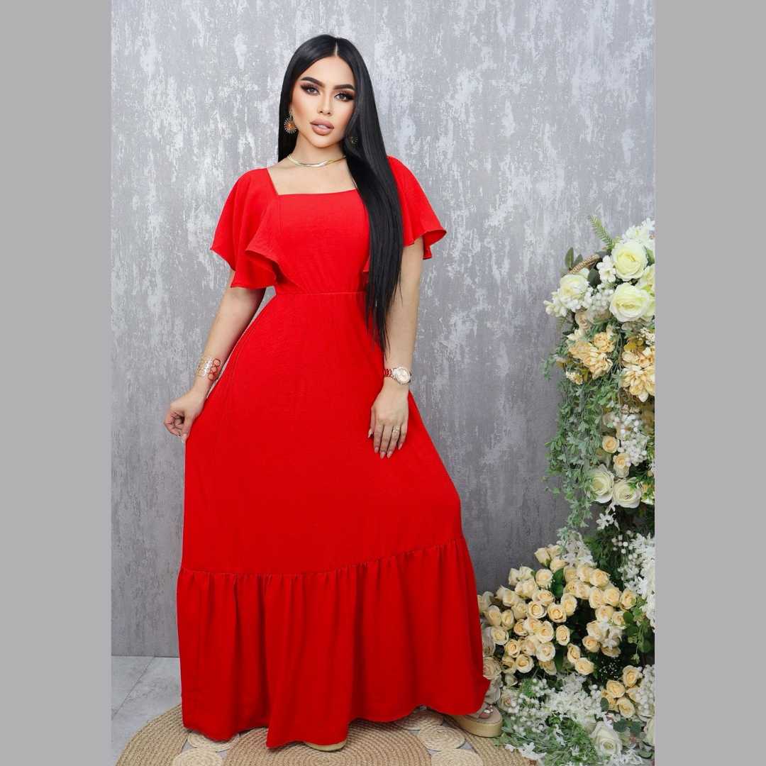 Vestido largo con escote cuadrado y manga tipo capa para mujer
