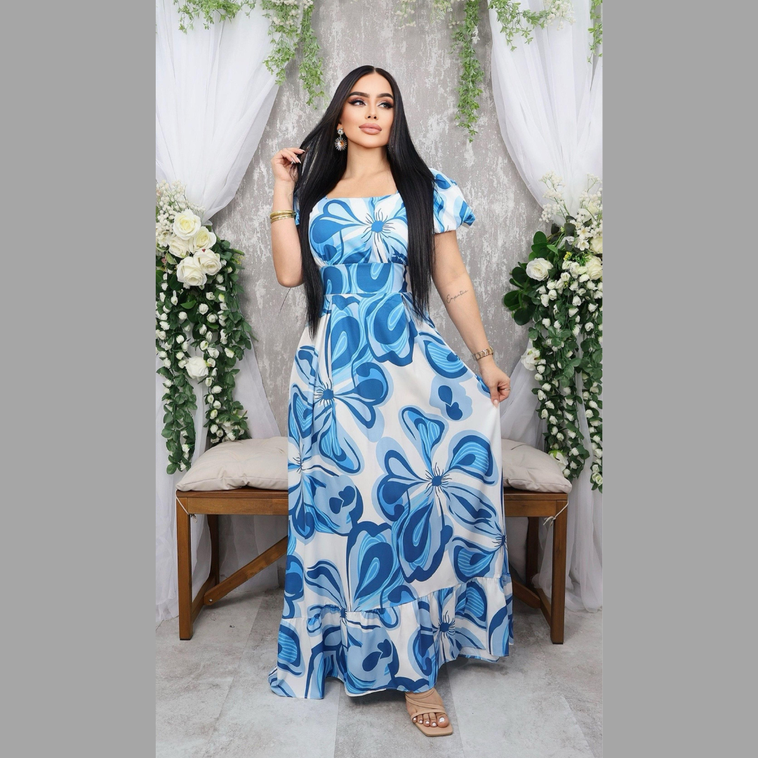 Vestido largo estampado floral con escote cuadrado y manga bombacha