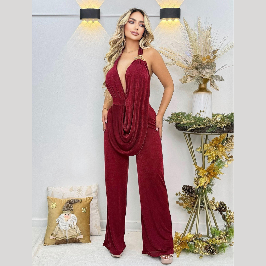 Enterizo Lorey para mujer con escote halter y diseño drapeado