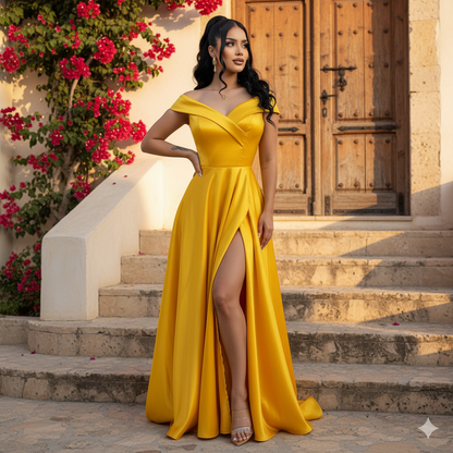 Vestido largo elegante con abertura y hombros caídos