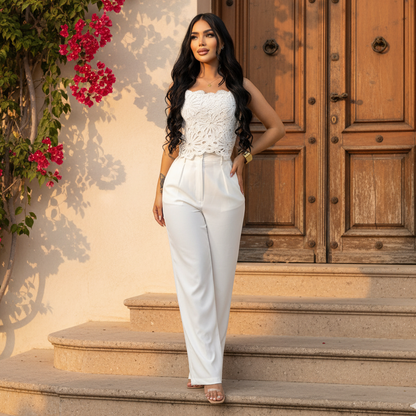 Conjunto elegante con top tejido y pantalón de tiro alto para mujer