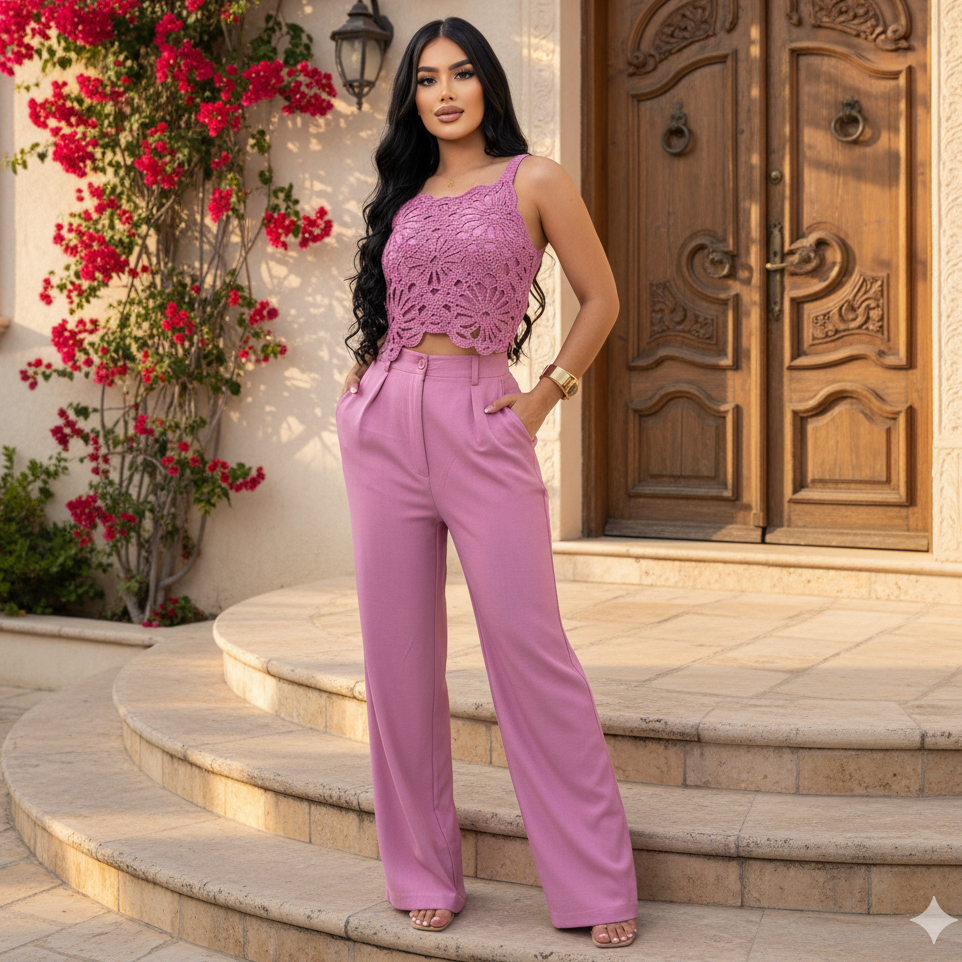 Conjunto elegante con top tejido y pantalón de tiro alto para mujer