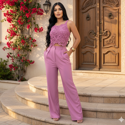 Conjunto elegante con top tejido y pantalón de tiro alto para mujer
