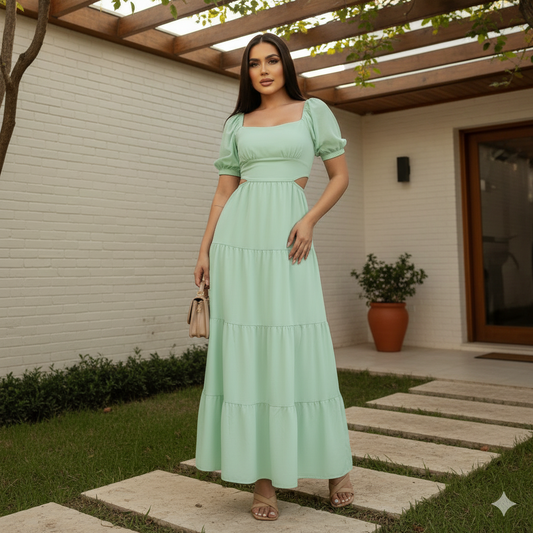 Vestido Largo con Escote Cuadrado, Mangas Abullonadas y Aberturas Laterales