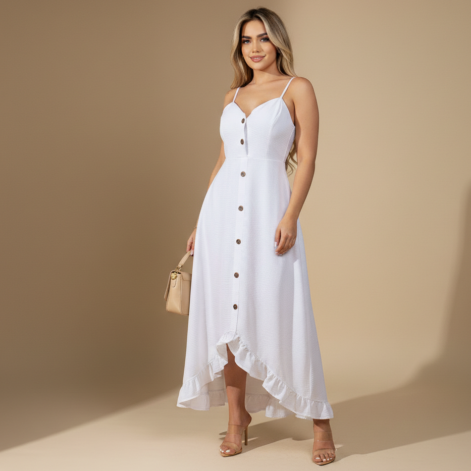 Vestido Midi Asimétrico de Tirantes con Botones Frontales