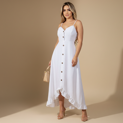 Vestido Midi Asimétrico de Tirantes con Botones Frontales