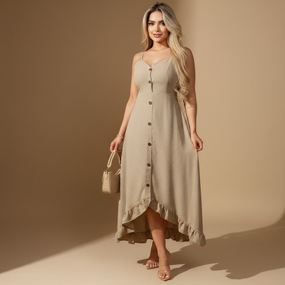 Vestido Midi Asimétrico de Tirantes con Botones Frontales