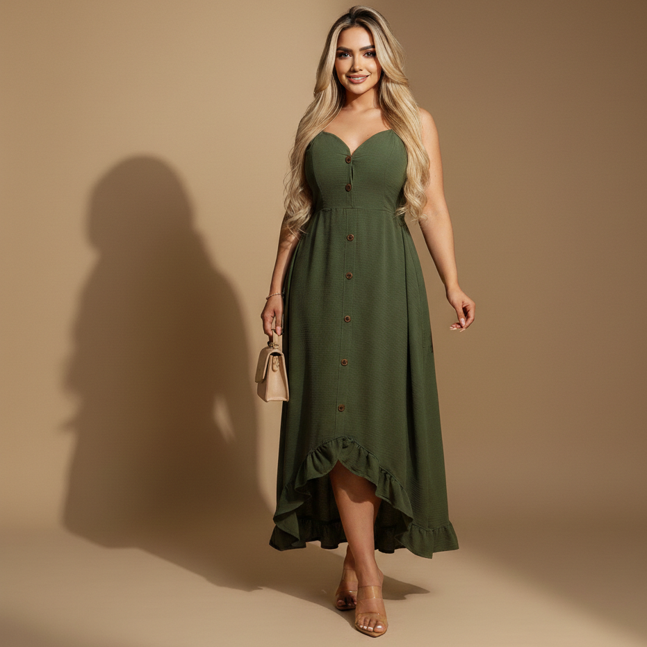 Vestido Midi Asimétrico de Tirantes con Botones Frontales