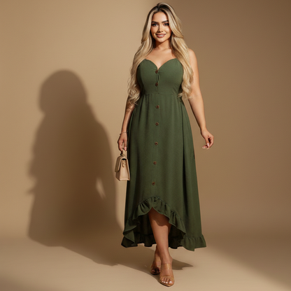 Vestido Midi Asimétrico de Tirantes con Botones Frontales